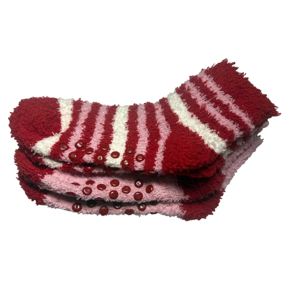 Sockingly Sweet 2 Pairs Kids Fuzzy Socks Pink Red Peppermint Non-Slip Size 2-5